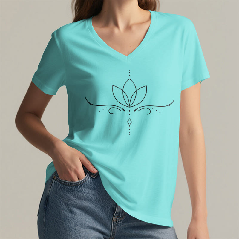 Olivenorma Elegant Boho Lotus Dot Line Art Yoga Print Women's V Neck T-Shirt - image 2