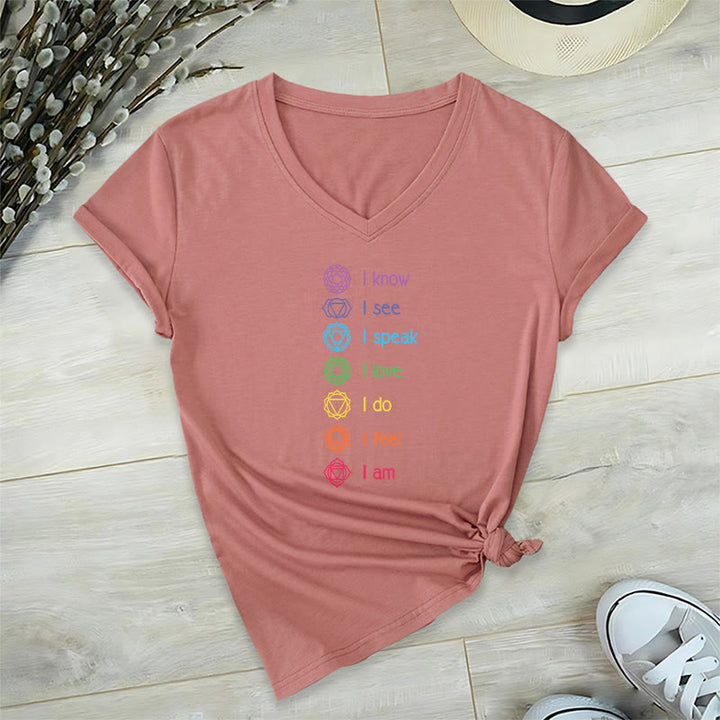 Olivenorma 7 Chakra Affirmation Vertical Rainbow Symbol Graphic Women's V Neck T-Shirt - Pink - 2XL - image 9