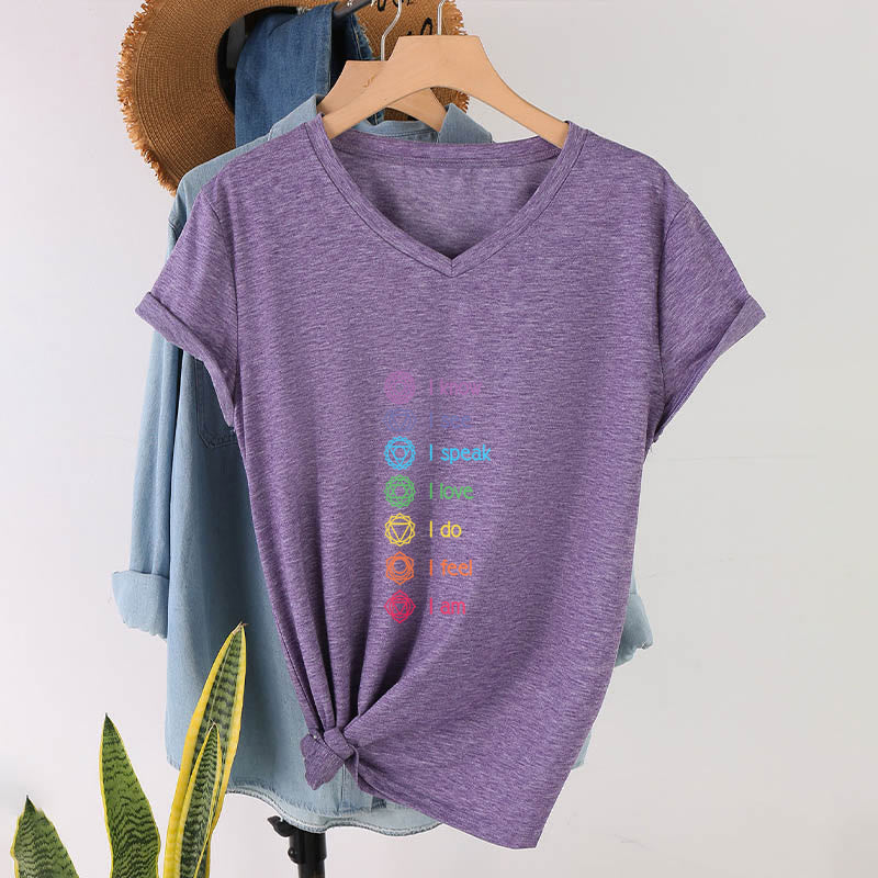 Olivenorma 7 Chakra Affirmation Vertical Rainbow Symbol Graphic Women's V Neck T-Shirt - image 37