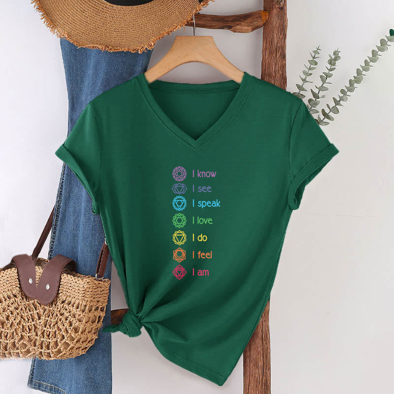 Olivenorma 7 Chakra Affirmation Vertical Rainbow Symbol Graphic Women's V Neck T-Shirt - image 25