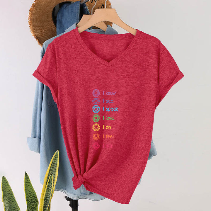 Olivenorma 7 Chakra Affirmation Vertical Rainbow Symbol Graphic Women's V Neck T-Shirt - image 28