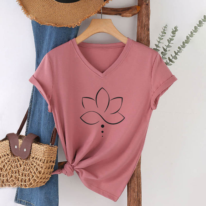 Olivenorma Minimal Thin Line Lotus Dot Chakra Spiritual Graphic Women's V Neck T-Shirt - Pink - 2XL - image 9