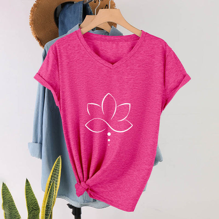 Olivenorma Minimal Thin Line Lotus Dot Chakra Spiritual Graphic Women's V Neck T-Shirt - Rose Red - 2XL - image 33
