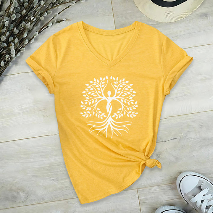 Olivenorma Gold Foil Human Silhouette Tree Of Life Spiritual Graphic Women's V Neck T-Shirt - image 31