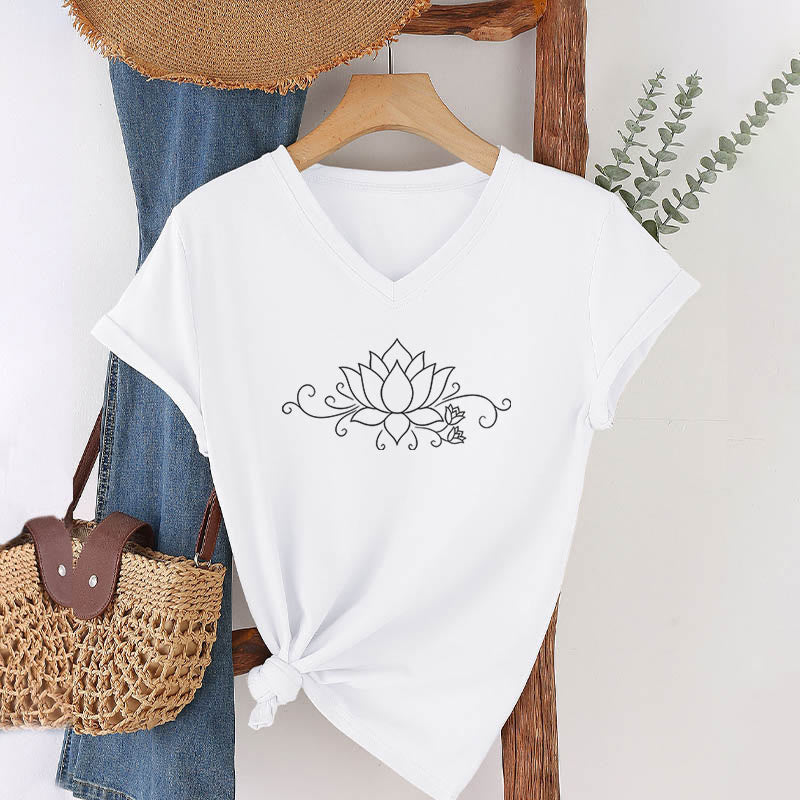 Olivenorma Ornate Swirl Vine White Line Lotus Boho Graphic Women's V Neck T-Shirt - White - 2XL - image 21