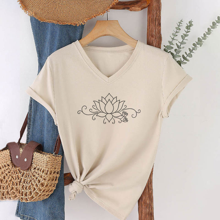 Olivenorma Ornate Swirl Vine White Line Lotus Boho Graphic Women's V Neck T-Shirt - Khaki - 2XL - image 6