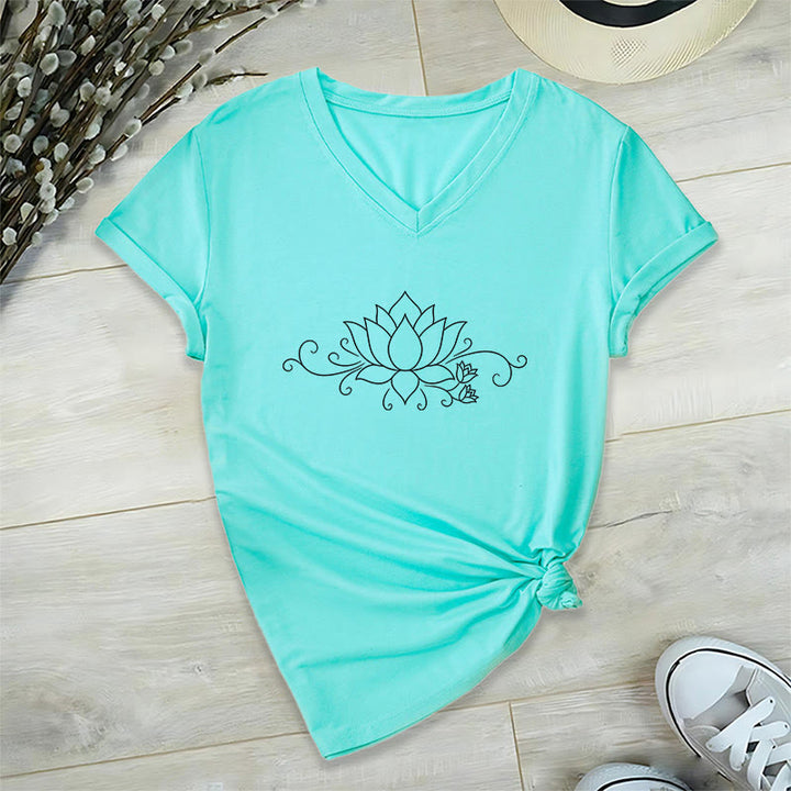 Olivenorma Ornate Swirl Vine White Line Lotus Boho Graphic Women's V Neck T-Shirt - image 13