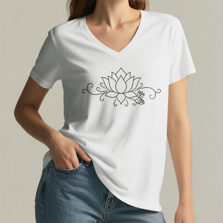 Olivenorma Ornate Swirl Vine White Line Lotus Boho Graphic Women's V Neck T-Shirt - image 23