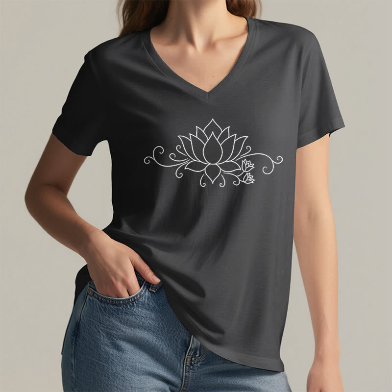 Olivenorma Ornate Swirl Vine White Line Lotus Boho Graphic Women's V Neck T-Shirt - image 20