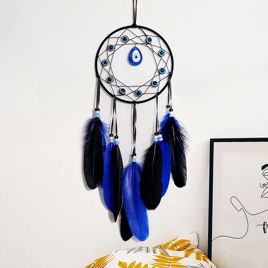 Olivenorma Evil Eye Blue Black Feather Handmade Boho Wall Hanging Dream Catcher - Blue - image 0