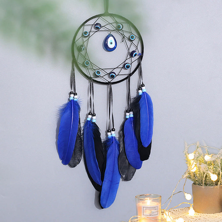 Olivenorma Evil Eye Blue Black Feather Handmade Boho Wall Hanging Dream Catcher - image 5