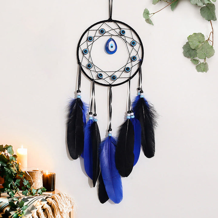 Olivenorma Evil Eye Blue Black Feather Handmade Boho Wall Hanging Dream Catcher - image 2