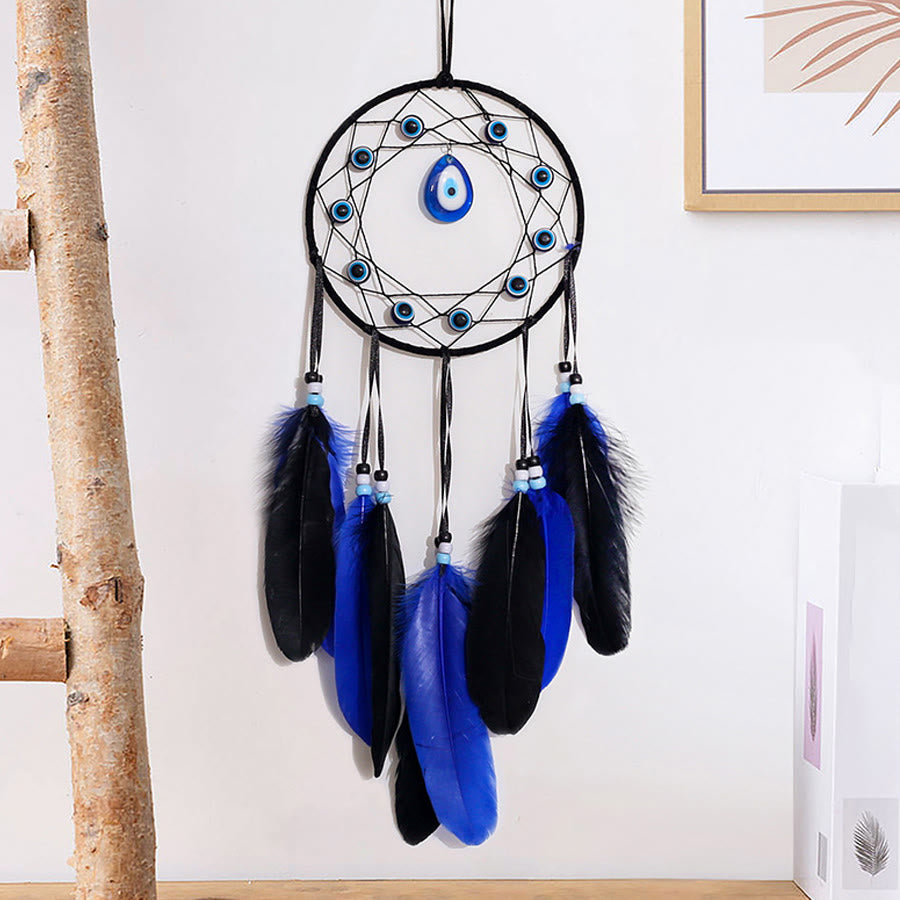 Olivenorma Evil Eye Blue Black Feather Handmade Boho Wall Hanging Dream Catcher - image 6