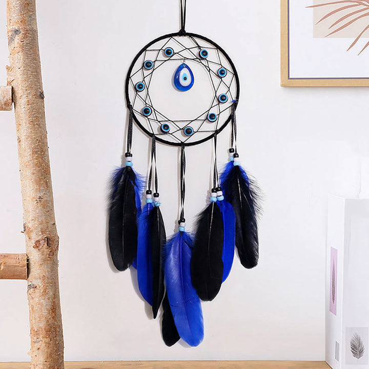 Olivenorma Evil Eye Blue Black Feather Handmade Boho Wall Hanging Dream Catcher - image 6