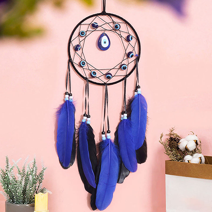Olivenorma Evil Eye Blue Black Feather Handmade Boho Wall Hanging Dream Catcher - image 7