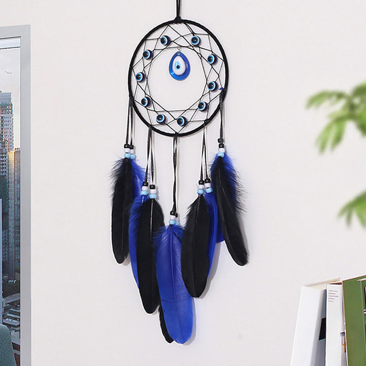 Olivenorma Evil Eye Blue Black Feather Handmade Boho Wall Hanging Dream Catcher - image 3
