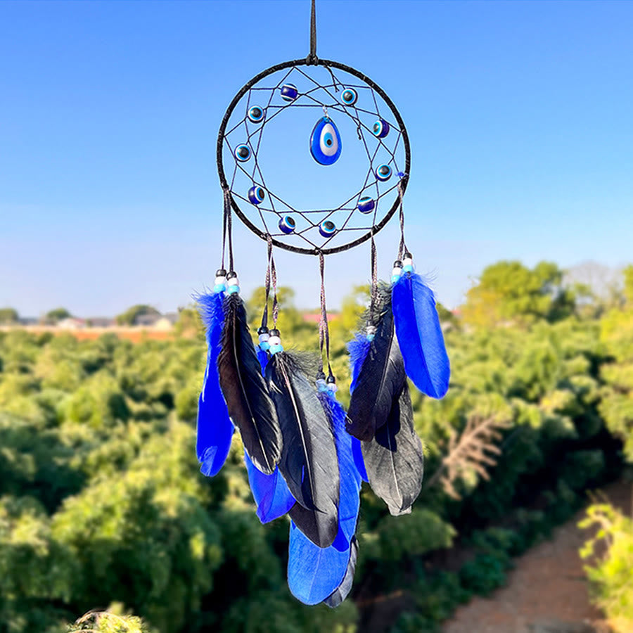 Olivenorma Evil Eye Blue Black Feather Handmade Boho Wall Hanging Dream Catcher - image 1