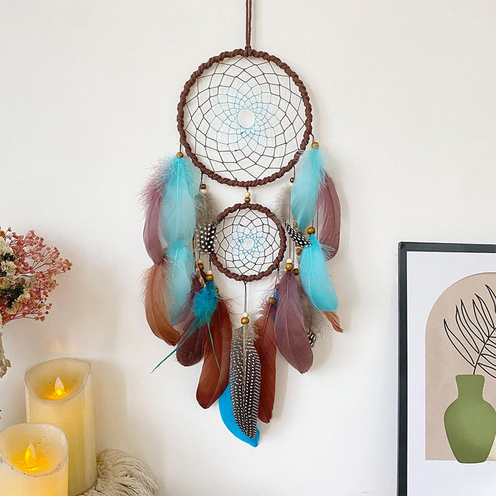 Olivenorma Double Circle Hand Woven Multi Feather Boho Wall Hanging Dream Catcher - Blue - image 6