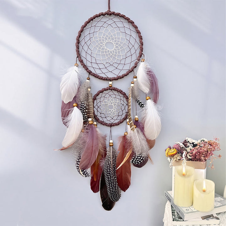 Olivenorma Double Circle Hand Woven Multi Feather Boho Wall Hanging Dream Catcher - Brown - image 0
