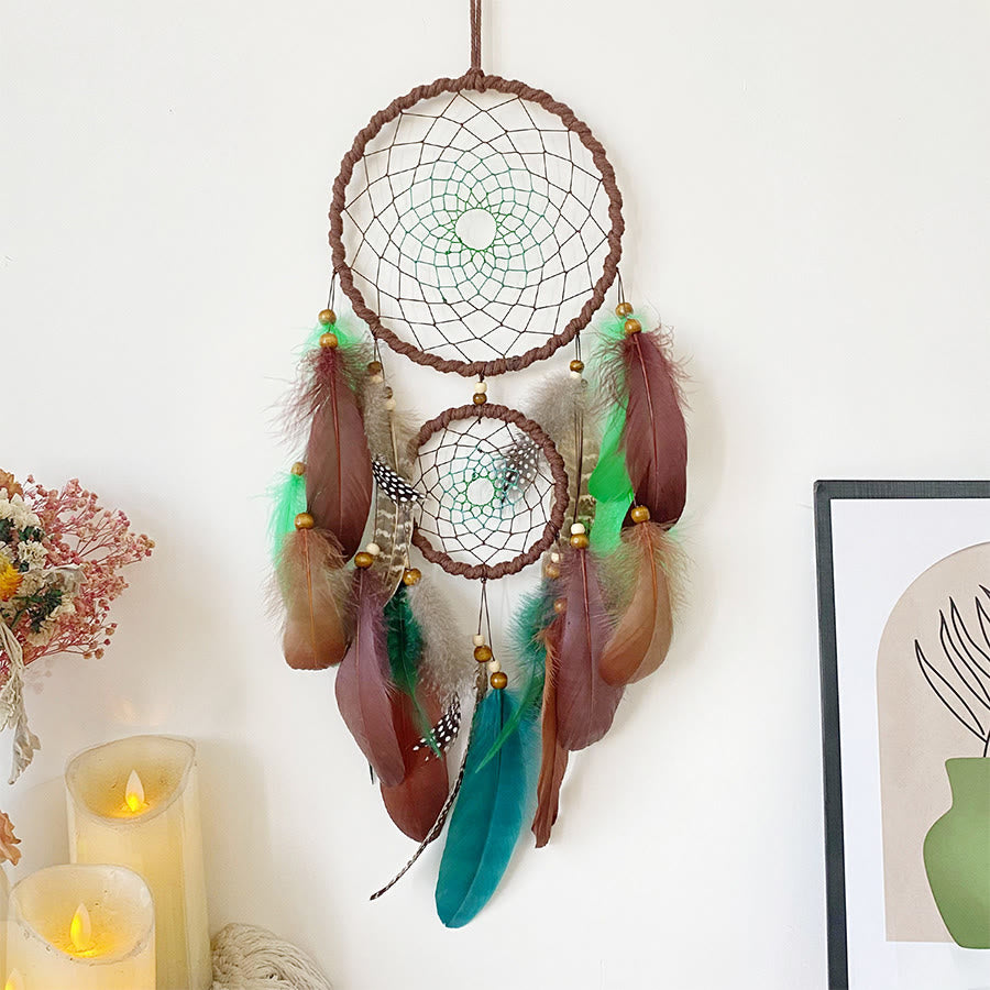 Olivenorma Double Circle Hand Woven Multi Feather Boho Wall Hanging Dream Catcher - Green - image 4