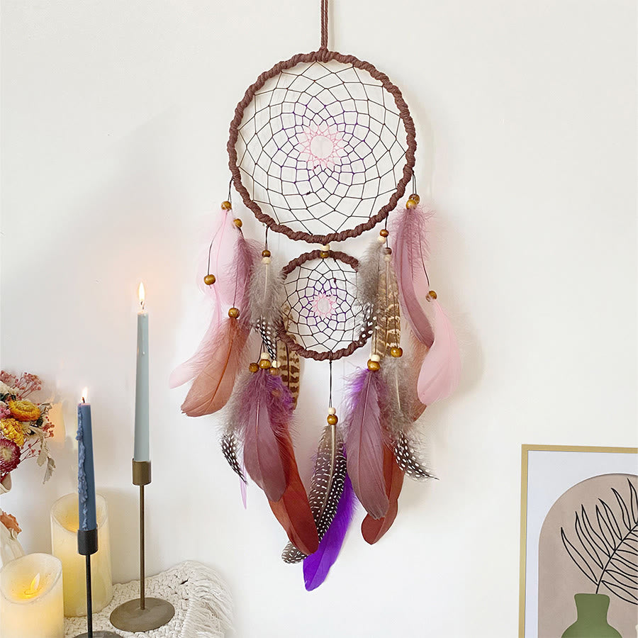 Olivenorma Double Circle Hand Woven Multi Feather Boho Wall Hanging Dream Catcher - Pink - image 3