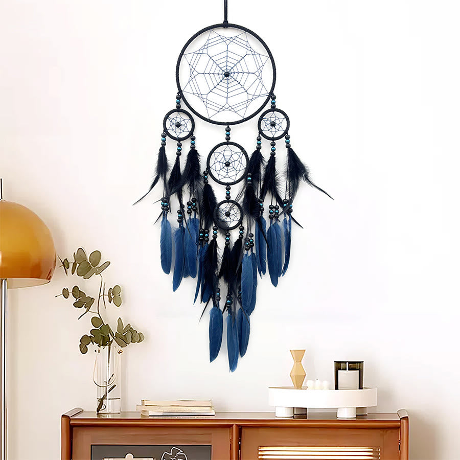 Olivenorma Multi-Ring Black Blue Feather Beaded Wall Hanging Dream Catcher - image 1