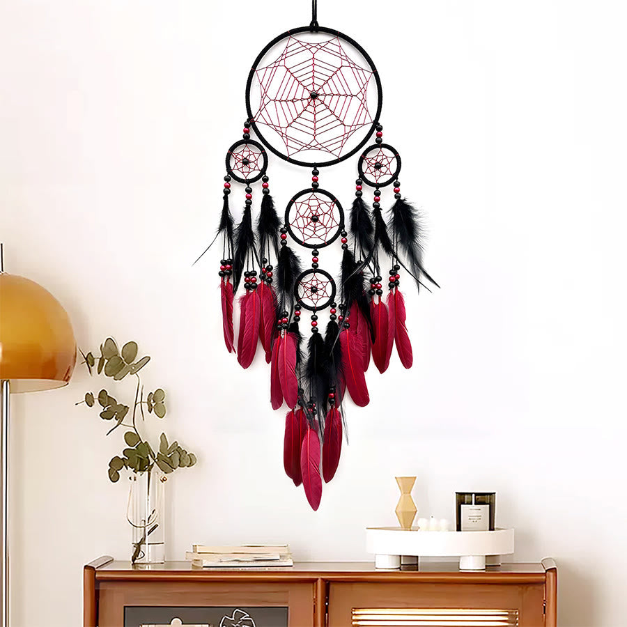 Olivenorma Multi-Ring Black Blue Feather Beaded Wall Hanging Dream Catcher - Red - image 3