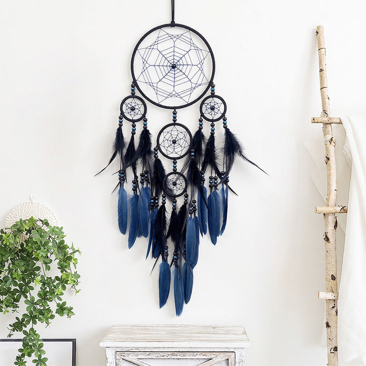 Olivenorma Multi-Ring Black Blue Feather Beaded Wall Hanging Dream Catcher - Blue - image 0