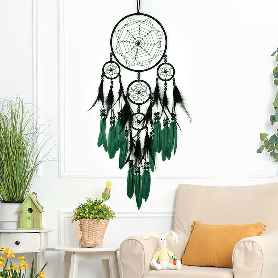 Olivenorma Multi-Ring Black Blue Feather Beaded Wall Hanging Dream Catcher - Green - image 7