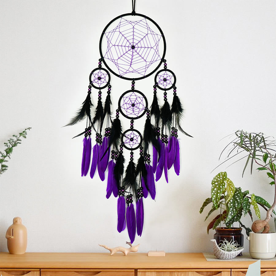 Olivenorma Multi-Ring Black Blue Feather Beaded Wall Hanging Dream Catcher - Purple - image 6