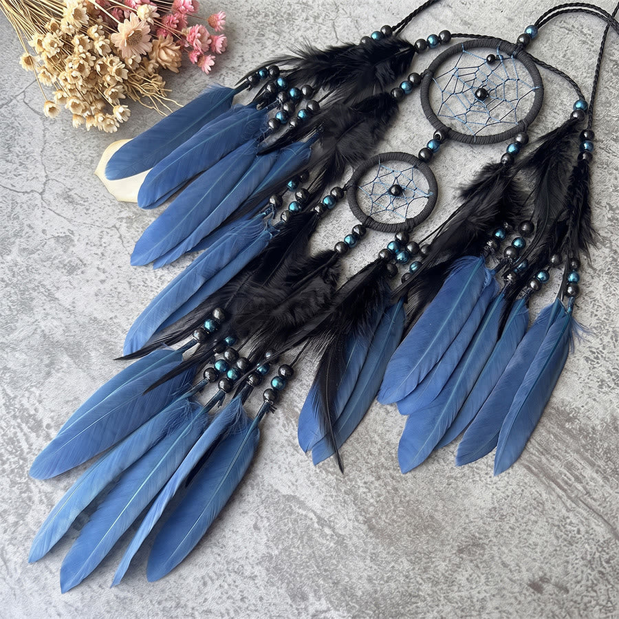 Olivenorma Multi-Ring Black Blue Feather Beaded Wall Hanging Dream Catcher - image 2