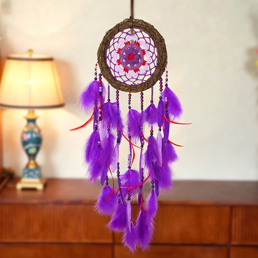 Olivenorma Bohemian Crochet Flower Purple Feather Meditation Decor Dream Catcher - Purple - image 0
