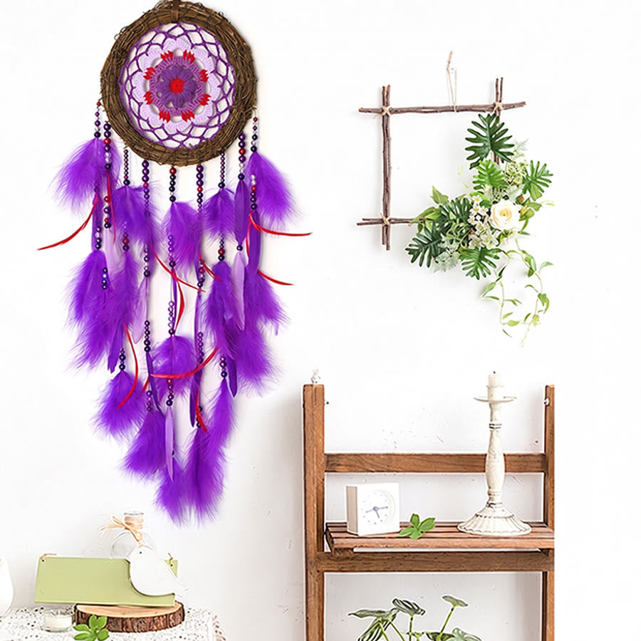 Olivenorma Bohemian Crochet Flower Purple Feather Meditation Decor Dream Catcher - image 3