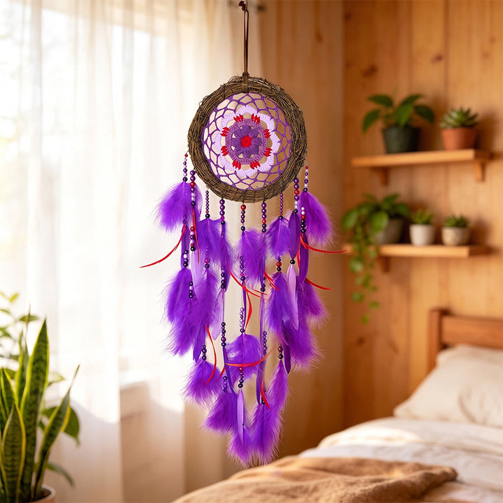 Olivenorma Bohemian Crochet Flower Purple Feather Meditation Decor Dream Catcher - image 2