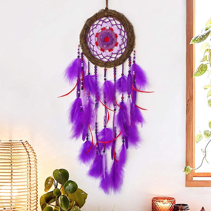 Olivenorma Bohemian Crochet Flower Purple Feather Meditation Decor Dream Catcher - image 4