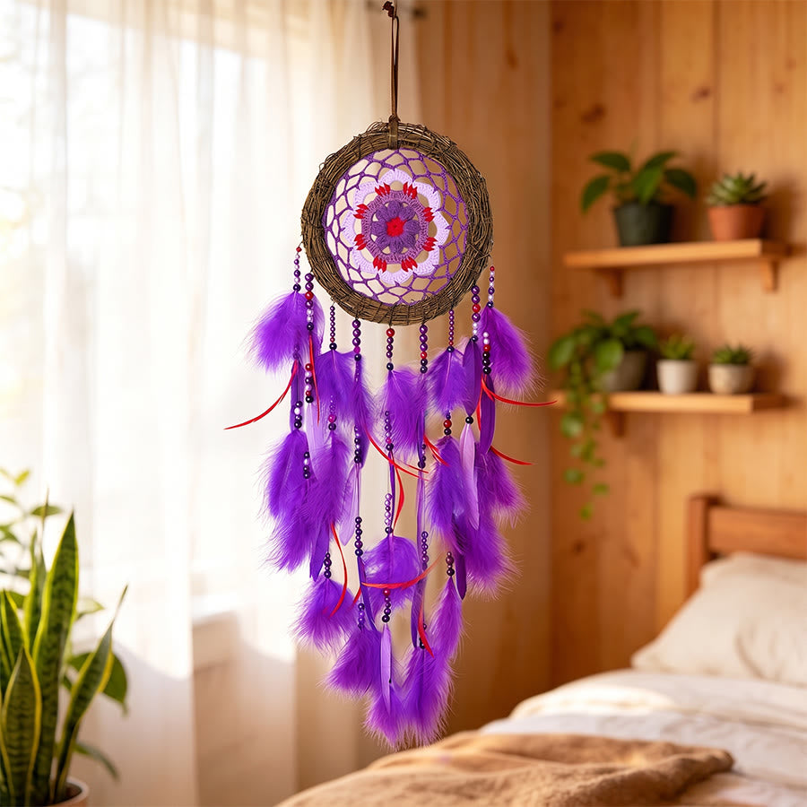 Olivenorma Bohemian Crochet Flower Purple Feather Meditation Decor Dream Catcher - image 2