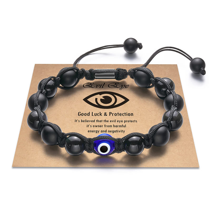 Olivenorma Boho Woven Cord Evil Eye & Natural Stone Positive Energy Bracelet - Obsidian - image 1
