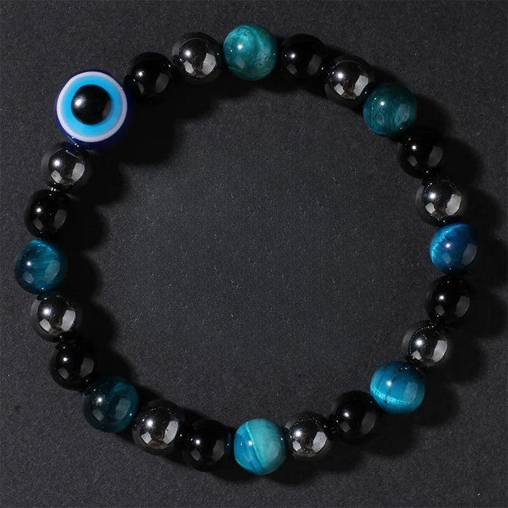 Olivenorma Blue Tiger Eye Evil Eye Protective Beaded Bracelet - Blue Tiger Eye&Obsidian - image 0