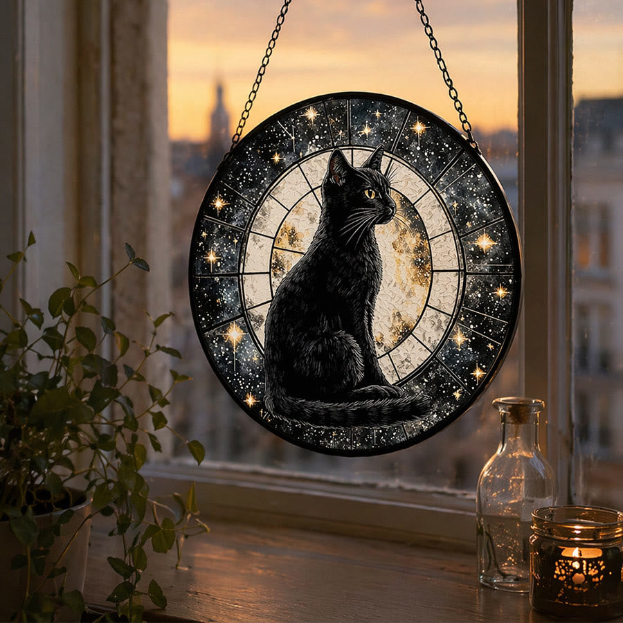 Olivenorma 2D Mystic Full Moon Black Cat Window Hanging Stained Glass Sun Catcher - image 2