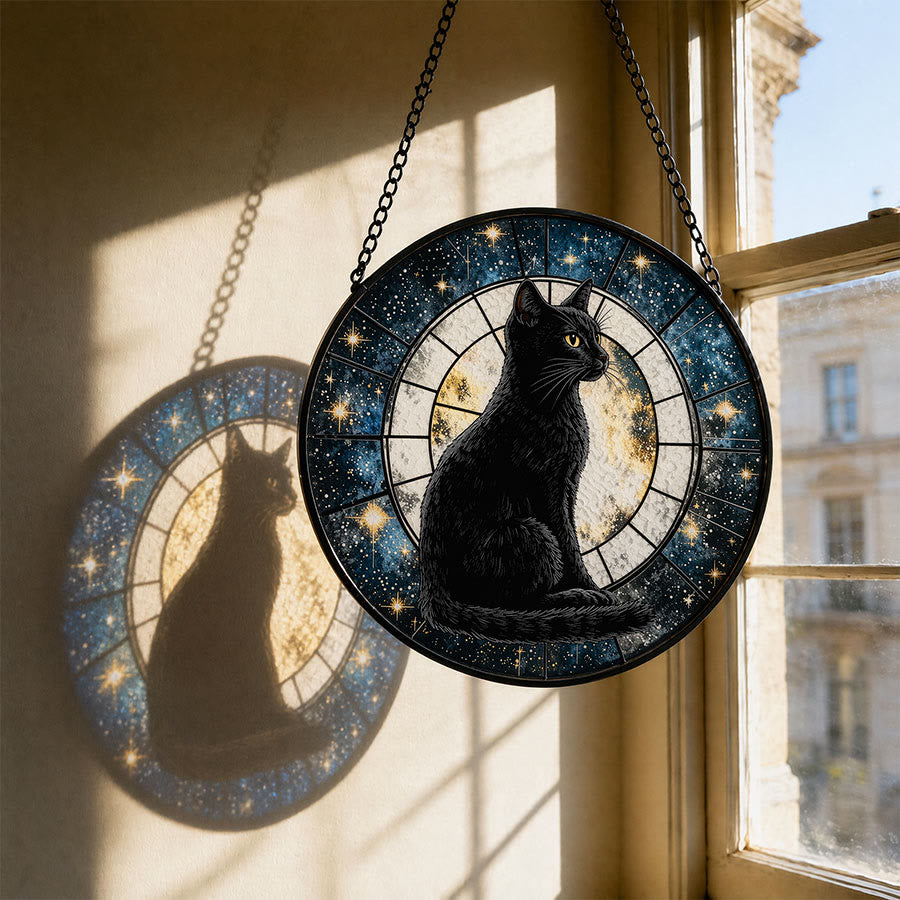 Olivenorma 2D Mystic Full Moon Black Cat Window Hanging Stained Glass Sun Catcher - image 1