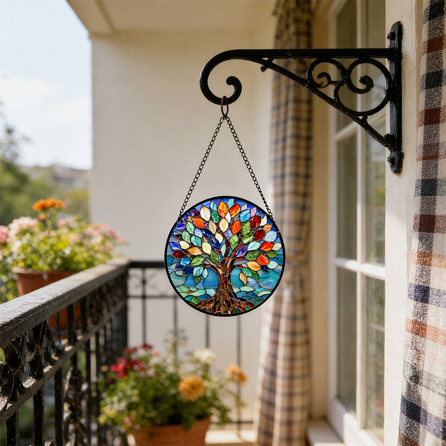 Olivenorma 2D Round Colorful Life Tree Spiritual Stained Glass Sun Catcher - image 1