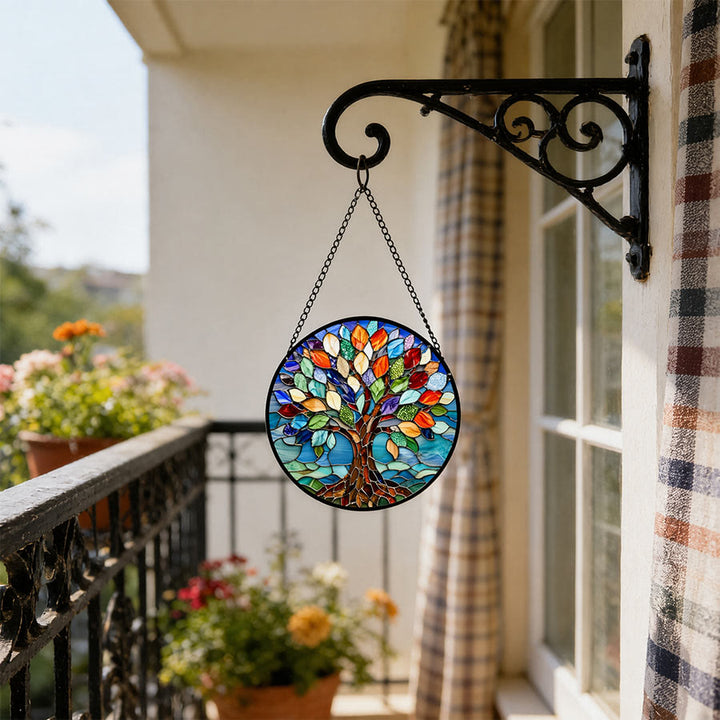 Olivenorma 2D Round Colorful Life Tree Spiritual Stained Glass Sun Catcher - image 1