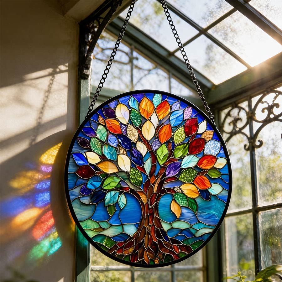 Olivenorma 2D Round Colorful Life Tree Spiritual Stained Glass Sun Catcher - image 3