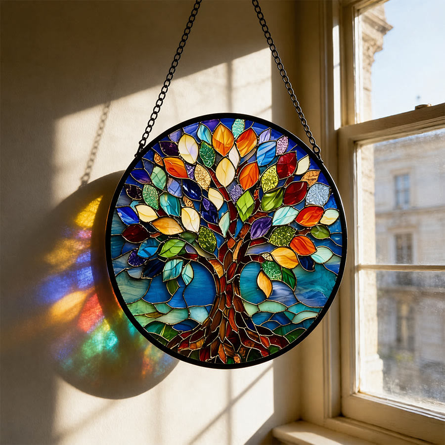 Olivenorma 2D Round Colorful Life Tree Spiritual Stained Glass Sun Catcher - image 0