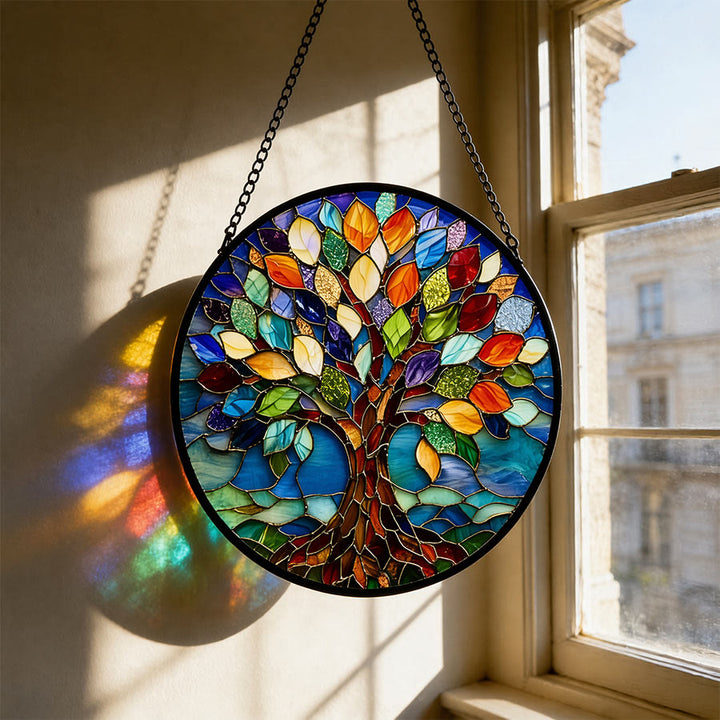 Olivenorma 2D Round Colorful Life Tree Spiritual Stained Glass Sun Catcher - image 0