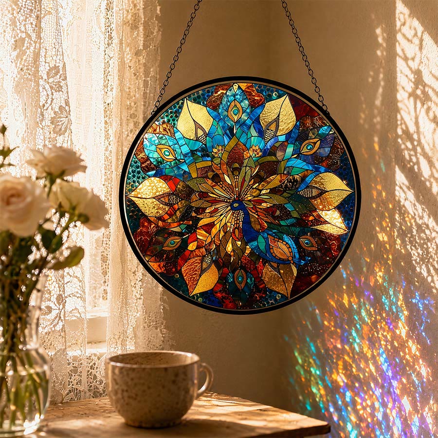Olivenorma 2D Round Peacock Mandala Mosaic Stained Glass Sun Catcher - image 3