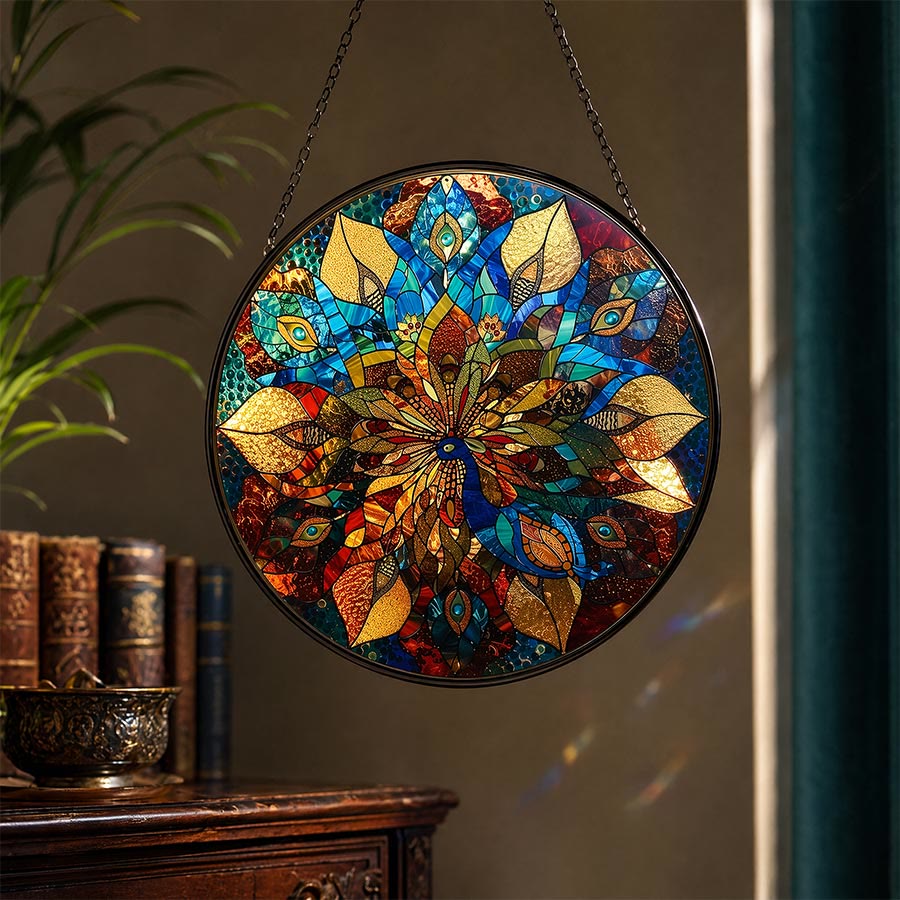 Olivenorma 2D Round Peacock Mandala Mosaic Stained Glass Sun Catcher - image 2