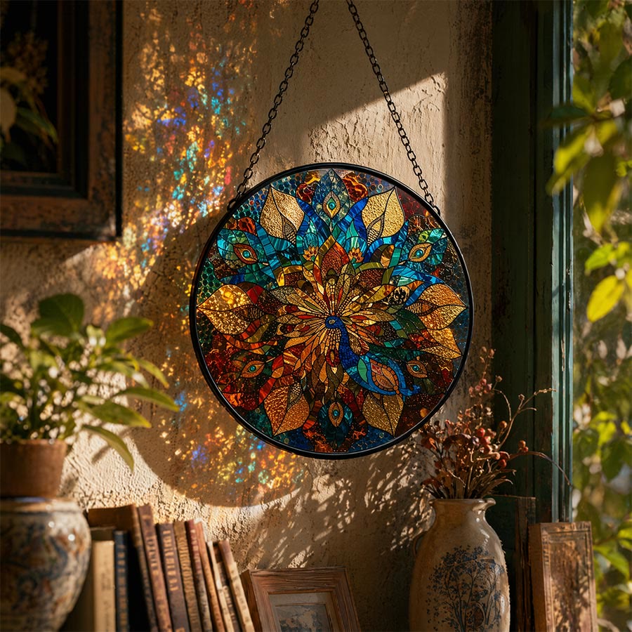 Olivenorma 2D Round Peacock Mandala Mosaic Stained Glass Sun Catcher - image 4