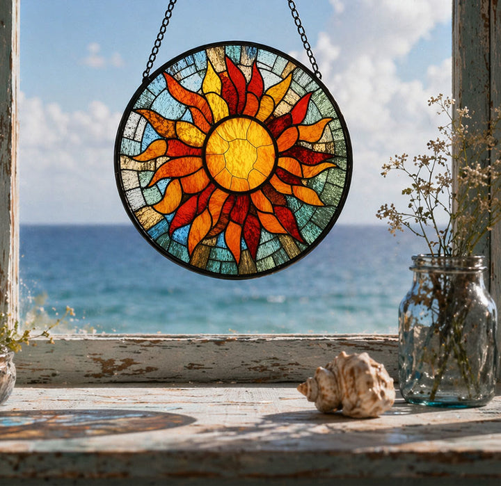 Olivenorma 2D Round Warm Sun Rays Mosaic Stained Glass Sun Catcher - image 2
