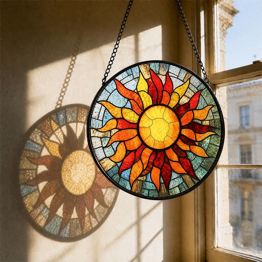 Olivenorma 2D Round Warm Sun Rays Mosaic Stained Glass Sun Catcher - 30cm*30cm - image 0